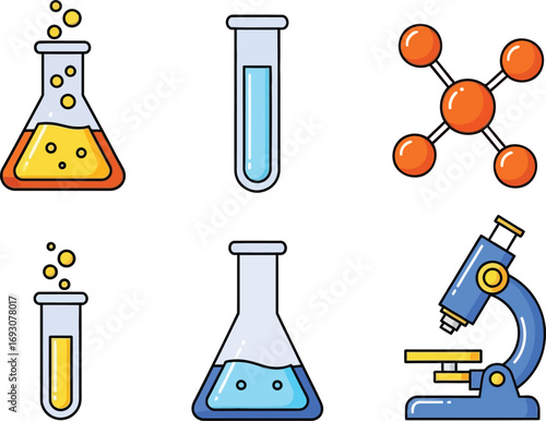 Chemistry infographic collection of common science and research icons. Test tubes, flasks, molecular structure and microscope editable vector illustration icons