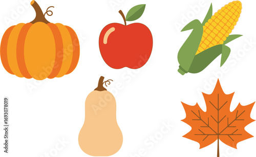 Autumn harvest and Thanksgiving fruits.  Pumpkin, apple, corn, pear and maple autumn leaf editable vector illustration icons 