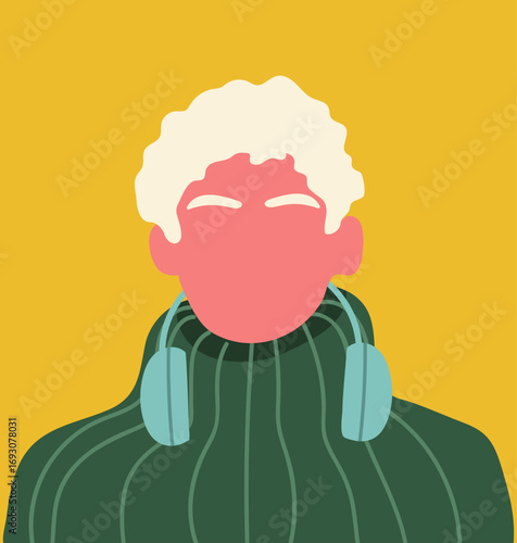 Abstract faceless man portrait. Young male character with blank face, headphones. Hand drawn vector illustration.