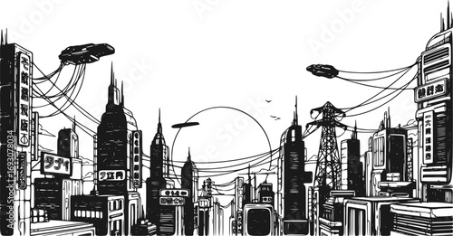 Big Asian City Cityscape with Beautiful Sunset. Cyberpunk and Retrowave Style Vector Illustration of Futuristic Urban Landscape