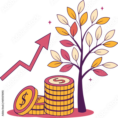 "Financial Growth Concept with Money Tree, Coins, and Upward Arrow – Investment and Wealth Illustration"