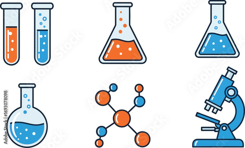 Chemistry infographic collection of common science and research icons. Test tubes, flasks, molecular structure and microscope editable vector illustration icons