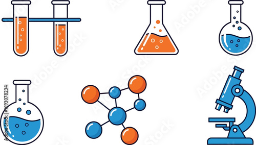 Chemistry infographic collection of common science and research icons. Test tubes, flasks, molecular structure and microscope editable vector illustration icons