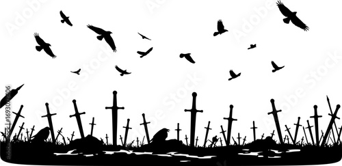 Silhouette of Battle for the Castle. Vector Illustration of Battlefield with Swords in the Ground, Flying Ravens and Dark Medieval War Scene Background