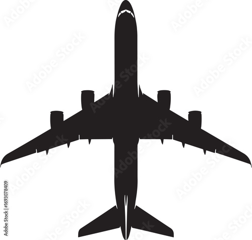 Airplane Silhouette from Above with Detailed Wing and Engine Design Vector Illustration for Commercial Use