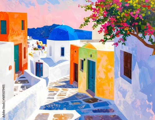 Fototapeta Naklejka Na Ścianę i Meble -  Colorful Santorini street scene