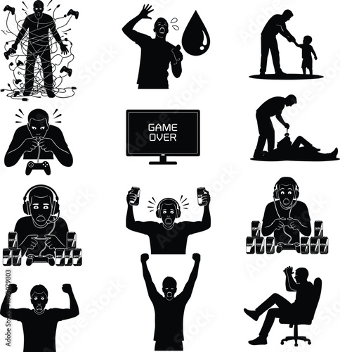 Silhouettes of frustrated and excited gamers showing emotions like anger, victory, addiction, and exhaustion with gaming controllers and screens.