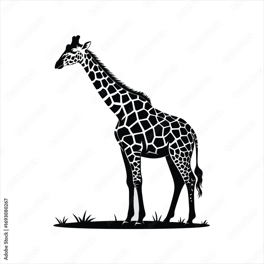 Naklejka premium Elegant Giraffe Silhouette Vector Graphic for Wildlife Art and Safari Themed Designs Representing African Fauna and Nature's Graceful Giants in a Stylized Black and White Illustration
