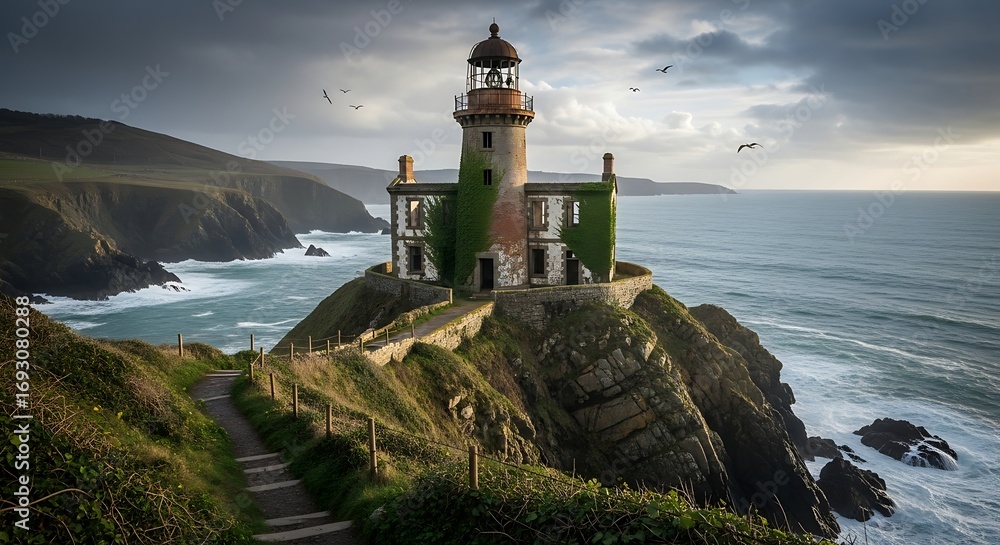 Obraz premium Dramatic coastal lighthouse perched on cliffs overlooking the sea with natural surroundings adding