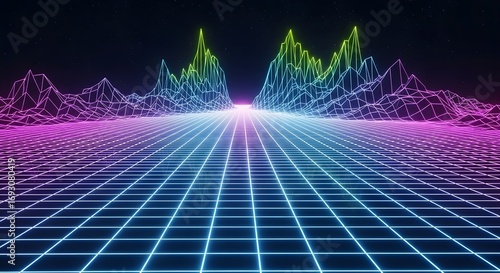 Wallpaper Mural Futuristic neon grid landscape with glowing horizon and abstract digital mountains in dark minimal background Torontodigital.ca