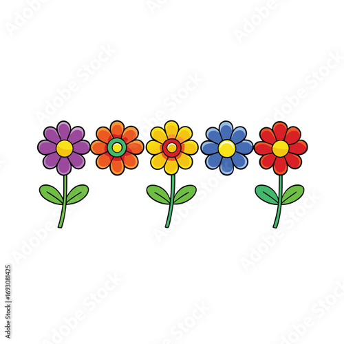 Vibrant rainbow flowers arranged in a sequential line on a clean white background