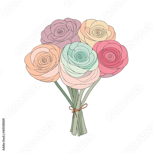 Delicate ranunculus flower bouquet in soft pastel colors on a white background