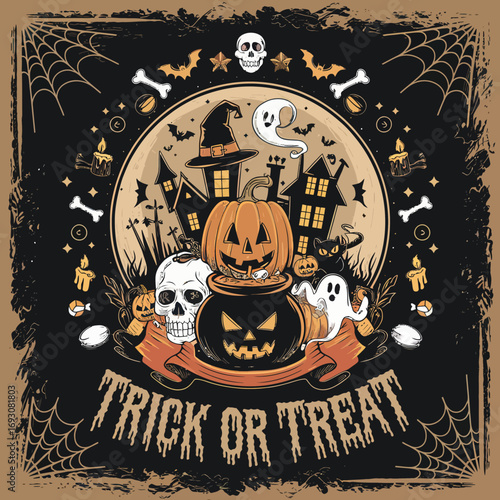 2d vector illustration Halloween t shirt icon design items ghost character Candles in carved pumpkin 