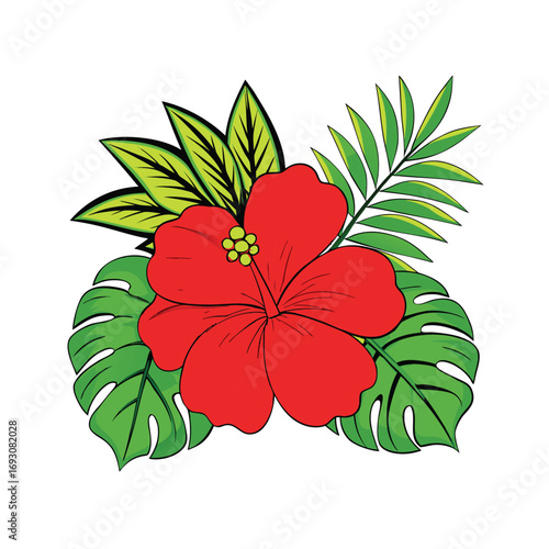 Vibrant red hibiscus flower with lush green tropical leaves on a clean white background