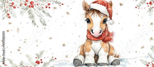 Cute watercolor illustration of a baby pony in a Santa hat and scarf. Adorable Christmas cartoon horse with big eyes, sitting in snow with falling snowflakes