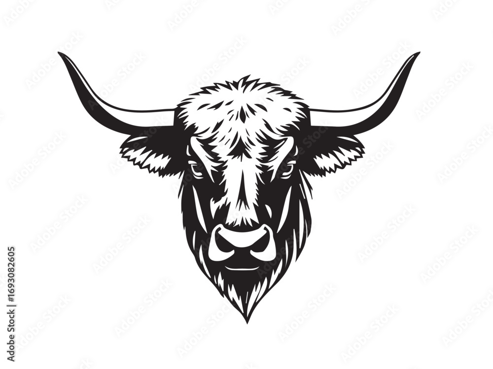 Fototapeta premium Highland Cow Silhouette on White Background. Highland Cow Icon. Illustration of a Highland Cow.