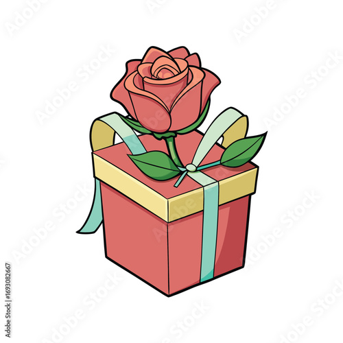 Elegant red rose in a decorative gift box with a silk ribbon on a clean white background