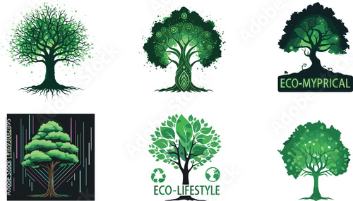Eco-friendly tree illustration set, abstract green design, nature conservation concept, sustainability lifestyle, environmental artwork, organic growth