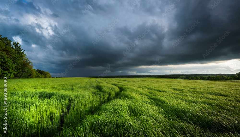 Obraz premium Lush Grassland Under Overcast Skies Before Rain During The Day