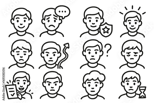 Job Seeker Emotions. Line style icons of job seeker emotions: hopeful face, anxious bubble, confident badge, motivated energy;
