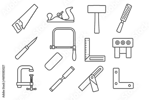 Carpentry Tools Icons. Line style icons of carpentry tools: hand saw, wood plane, mallet, rasp; marking knife, coping saw,