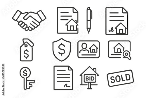 Real Estate Icon Set. Line style icons of real estate transactions: handshake, contract paper, pen and house, signed deed; price