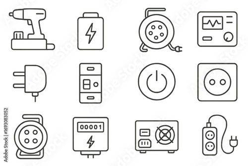 Line Style Power Icons. Line style icons of power accessories: drill charger, battery pack, extension cable, voltage regulator;