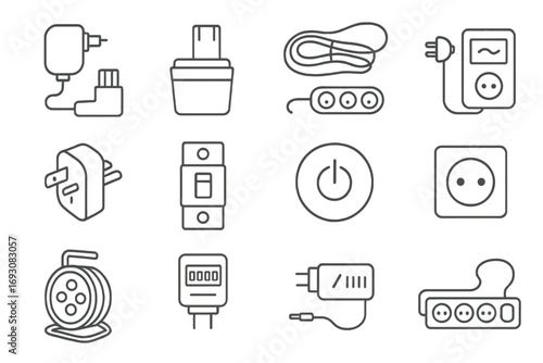 Line Style Power Icons. Line style icons of power accessories: drill charger, battery pack, extension cable, voltage regulator;