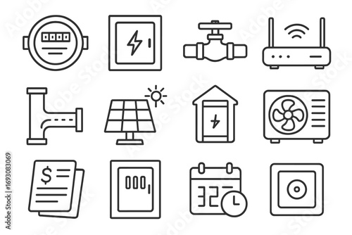 Utility Line Icons. Line style icons of utilities and infrastructure: water meter, electric panel, gas valve, internet router;