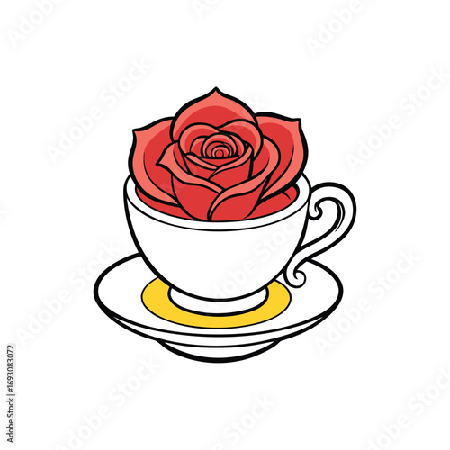 Elegant rose in delicate teacup creative vector illustration on white background