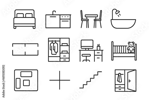Interior Layout Icons. Line style icons of interior layout: bedroom with bed, kitchen counter, dining table, bathroom with tub;