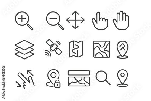 Map Interface Icons. Line style icons of map interactions: zoom in icon, zoom out icon, pan arrows, drag hand icon; map layers