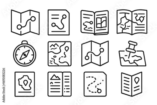 Offline Navigation Tools. Line style icons of offline navigation tools: paper map, printed route, travel notebook, road atlas;