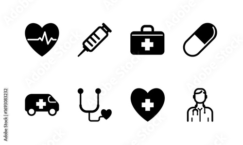Healthcare icon vector set featuring medical symbols, health, care, heart, doctor, nurse, hospital, clinic, medicine, pill, vaccine, ambulance, stethoscope.
