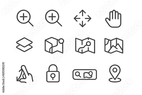 Map Interface Icons. Line style icons of map interactions: zoom in icon, zoom out icon, pan arrows, drag hand icon; map layers