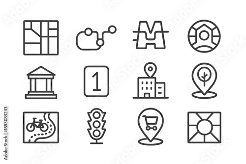 Urban Navigation Icons. Line style icons of urban navigation: city grid, bus route map, metro line icon, block view; plaza icon,