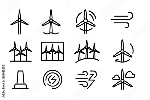 Wind Power Icons. Line style icons of wind power: tall wind turbine, offshore turbine, spinning blades, wind gust lines; group of