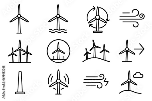 Wind Power Icons. Line style icons of wind power: tall wind turbine, offshore turbine, spinning blades, wind gust lines; group of