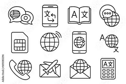 Travel Communication Icons. Line style icons of travel communication: speech bubbles with flags, translation app, phrasebook,
