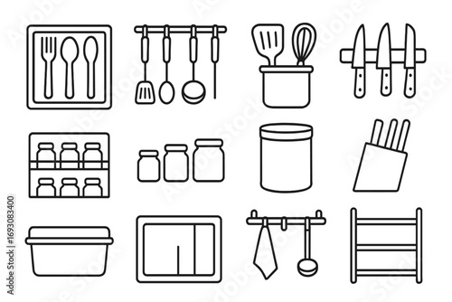 Line Kitchen Storage Icons. Line style icons of kitchen storage: utensil drawer, hanging rack, tool holder, magnetic strip; spice