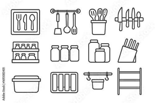 Line Kitchen Storage Icons. Line style icons of kitchen storage: utensil drawer, hanging rack, tool holder, magnetic strip; spice