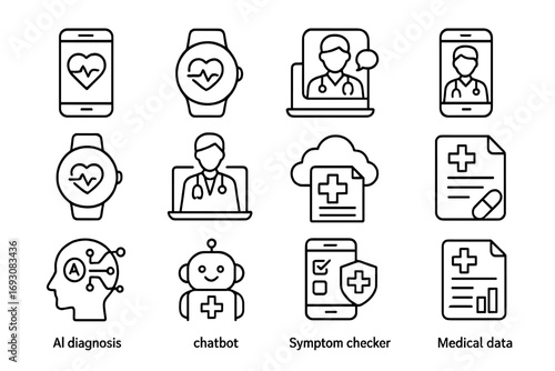 Digital Health Icons. Line style icons of digital health: mobile health app, wearable monitor, online consultation, telemedicine
