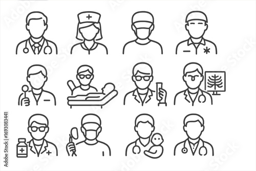 Healthcare Professional Icons. Line style icons of healthcare professionals: doctor with stethoscope, nurse with cap, surgeon,