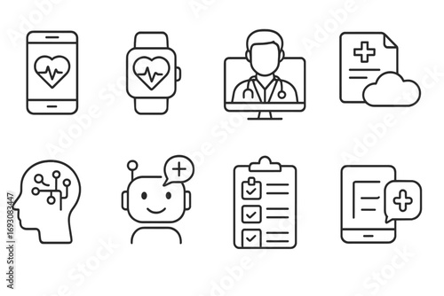 Digital Health Icons. Line style icons of digital health: mobile health app, wearable monitor, online consultation, telemedicine