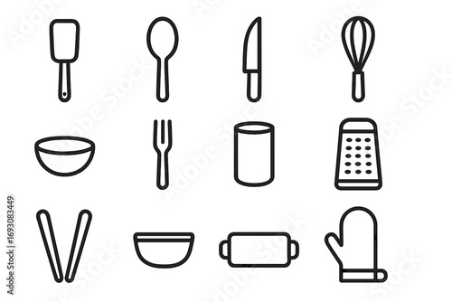 Minimalist Kitchen Icons. Line style icons of minimalist kitchen utensils: straight spatula, rounded spoon, clean knife, basic
