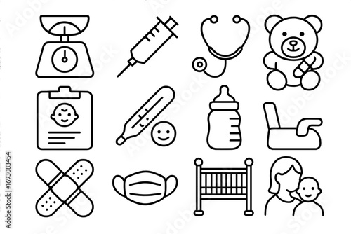 Pediatric Care Icons. Line style icons of pediatric care: baby scale, infant syringe, pediatric stethoscope, teddy bear with