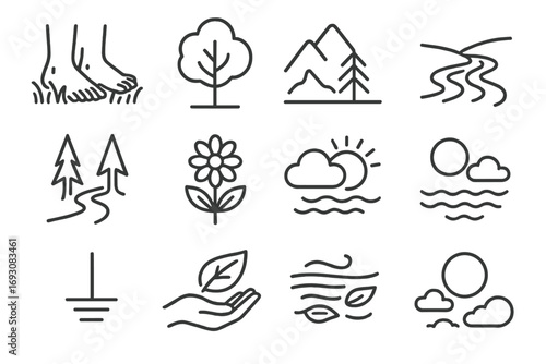 Nature Icons Collection. Line style icons of nature and grounding: bare feet on grass, tree icon, mountain view, river stream;
