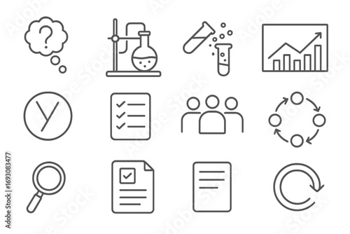 Scientific Process Icons. Line style icons of scientific processes: hypothesis icon, experiment setup, reaction icon, analysis
