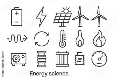 Energy Science Icons. Line style icons of energy science: battery icon, lightning bolt, solar panel, wind turbine; energy flow,
