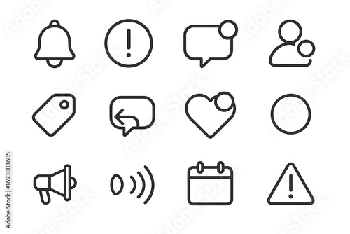 Notification Icons Collection. Line style icons of notification systems: bell icon, alert badge, message ping, follow alert; tag